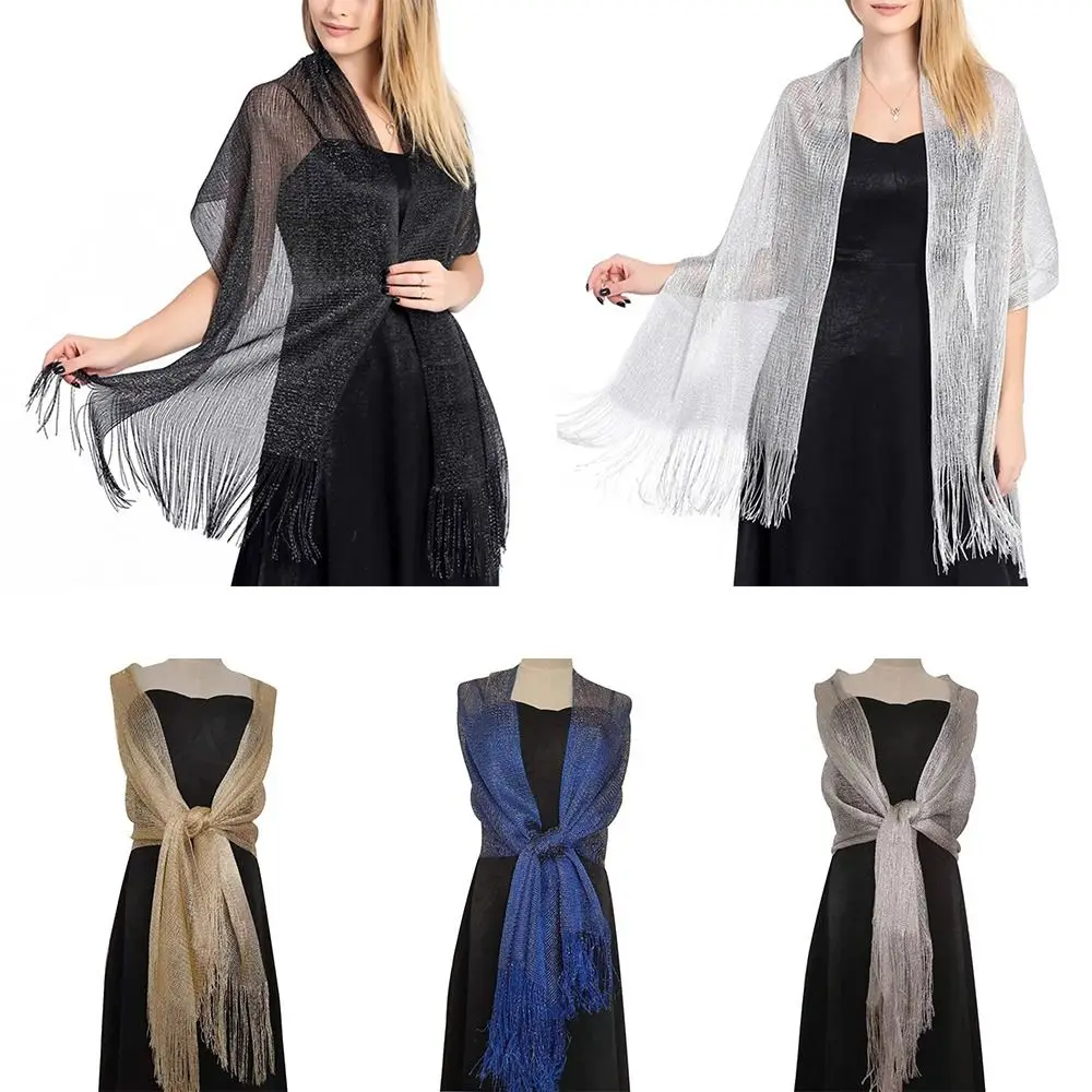 Elegant Evening Dresses Shawls Female Golden Silvery Wire Tassels Bridal Bridesmaid Party Wedding Temperament Accessories Scarf