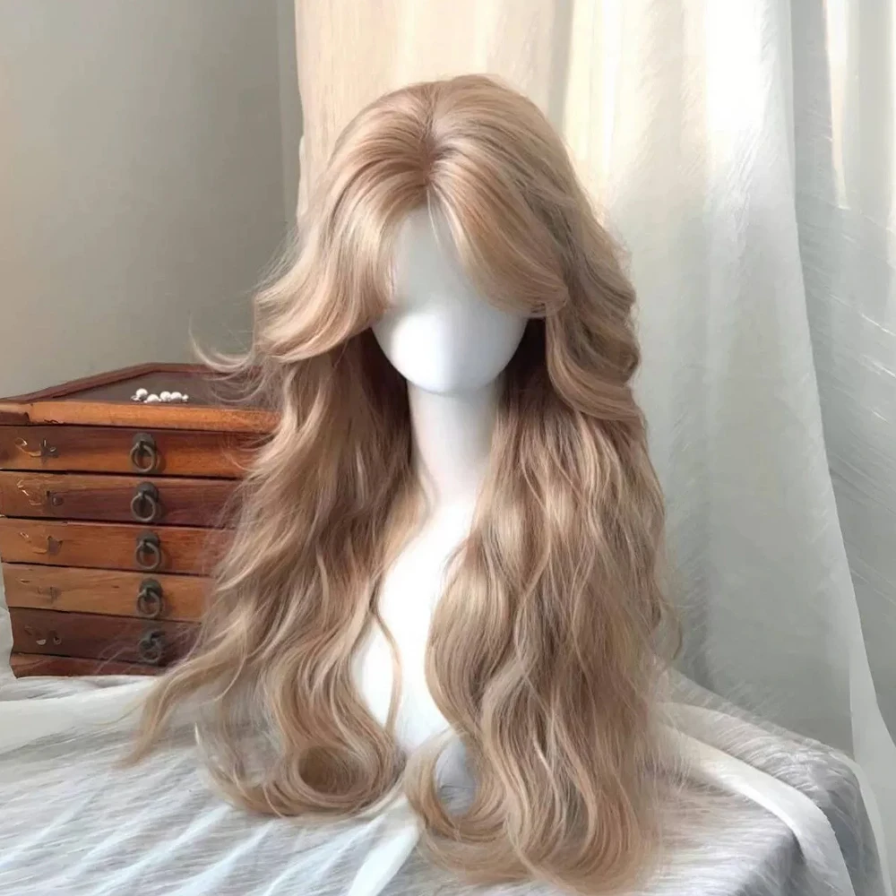 

Long Wavy Blonde Synthetic Wig Middle Part Fluffy Lolita Cosplay Women Wig Heat Resistant for Daily Party