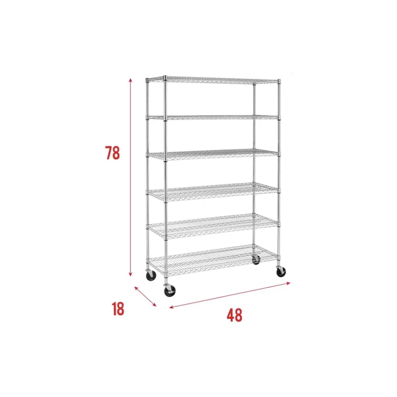 6-Layer, 800lb, Industrial Commercial Chrome Steel Wire Storage Rack with 5 