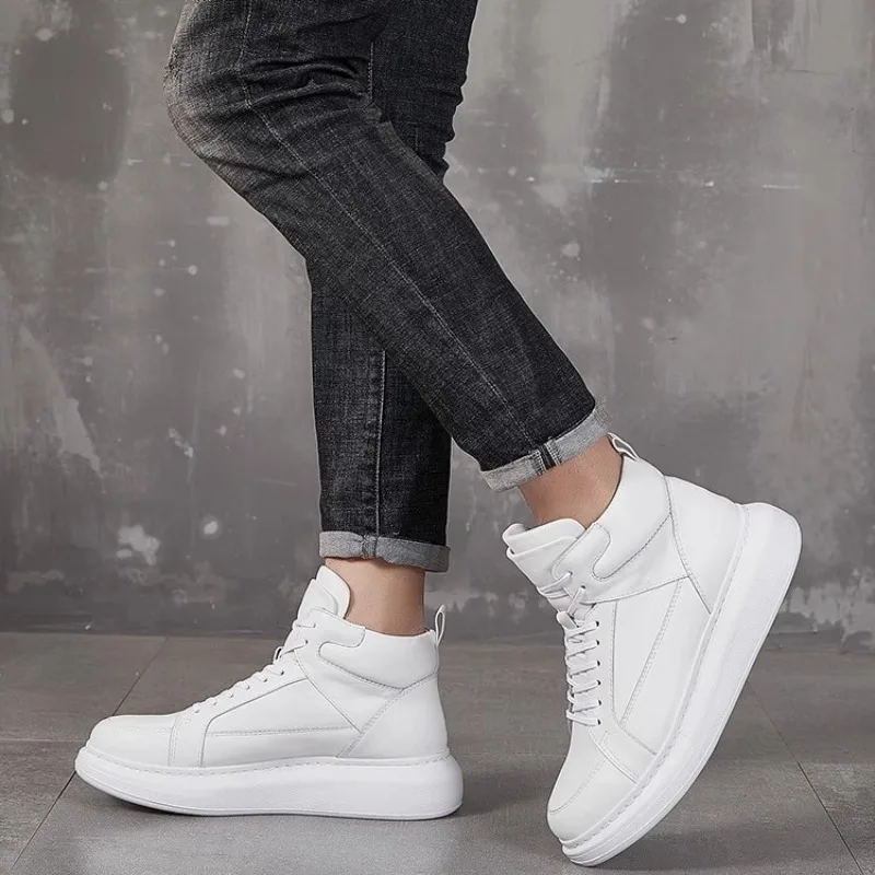 Trendy Genuine Leather High Top Shoes Men Thick Sole Casual Sport Board Shoes Youth Round Toe White Lace Up Sneakers Flats
