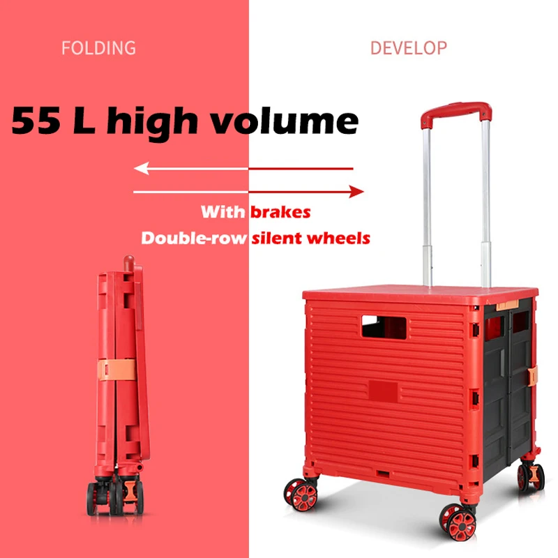 

55L Foldable Shopping Cart Trolley 6mm 360 ° TPE Universal Wheels for Supermarket Camping Car Mounted Convenient Handcart