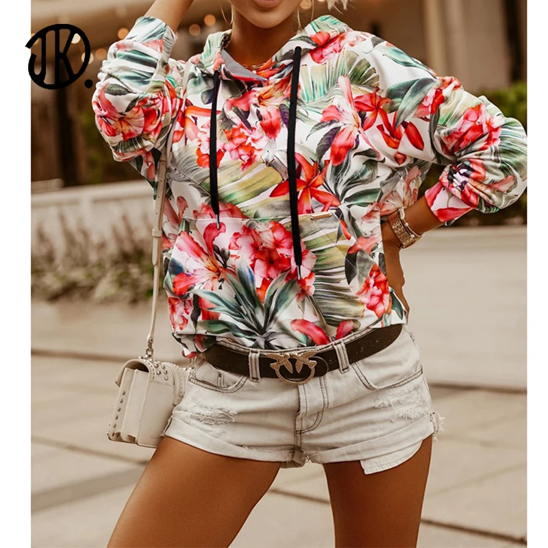 

Female Casual Hoodies Sweatshirts Winter Autumn Floral Print Long Sleeves Pullover Caps 2XL Pocket Pullovers Warm Tops