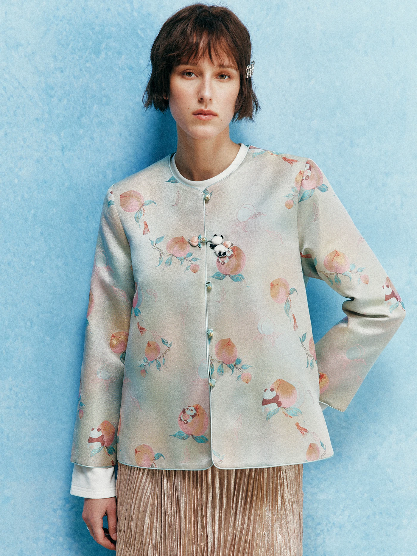 

Traditional Chinese Sle Silk Jaet Women's Straight Cut Long Sve Button Front Outerwear Panda Design No Inner