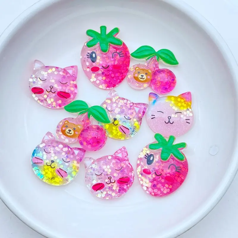 10Pcs New Cute Mini Mixed Shiny Cat, Strawberry, Cherry Flat Back Resin Cabochons Scrapbooking DIY Jewelry Craft Decoration Acce