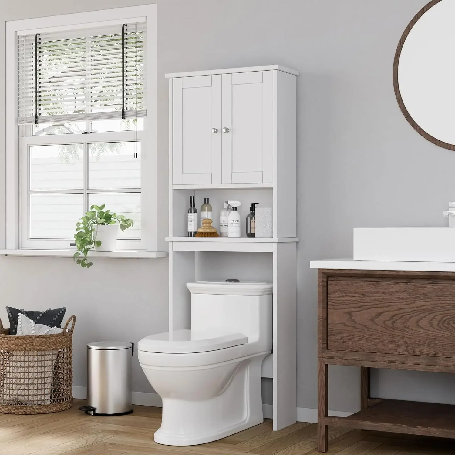 Bathroom Shelf Organizer with Anti-Tip Device Small Freestanding Space Saver with Adjustable Shelf，White