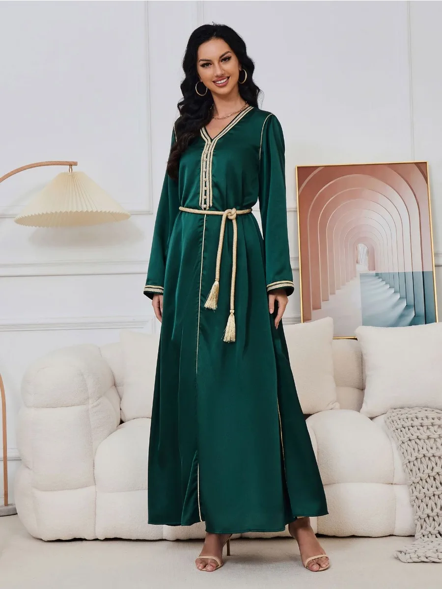 Eid Arab Muslim Party Dress for Women Abaya V Neck Button Jalabiya Long Dresses Morocco Kaftan Vestidos Dubai Ramadan Gown Robe