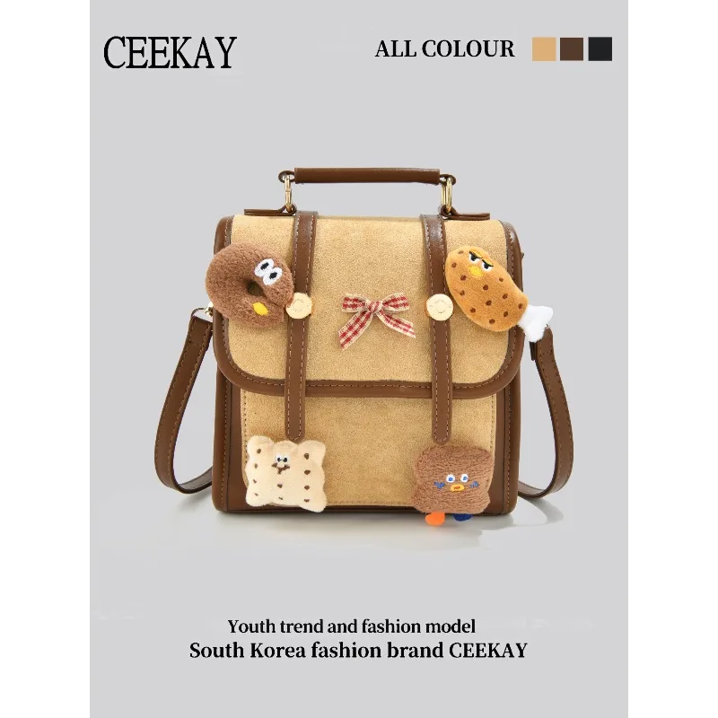 

CEEKAY Korean Style Mini Backpack, Suede Fabric with Cute Food Charms, Perfect for Cute Suede Satchel, Donut Pendant Handbag
