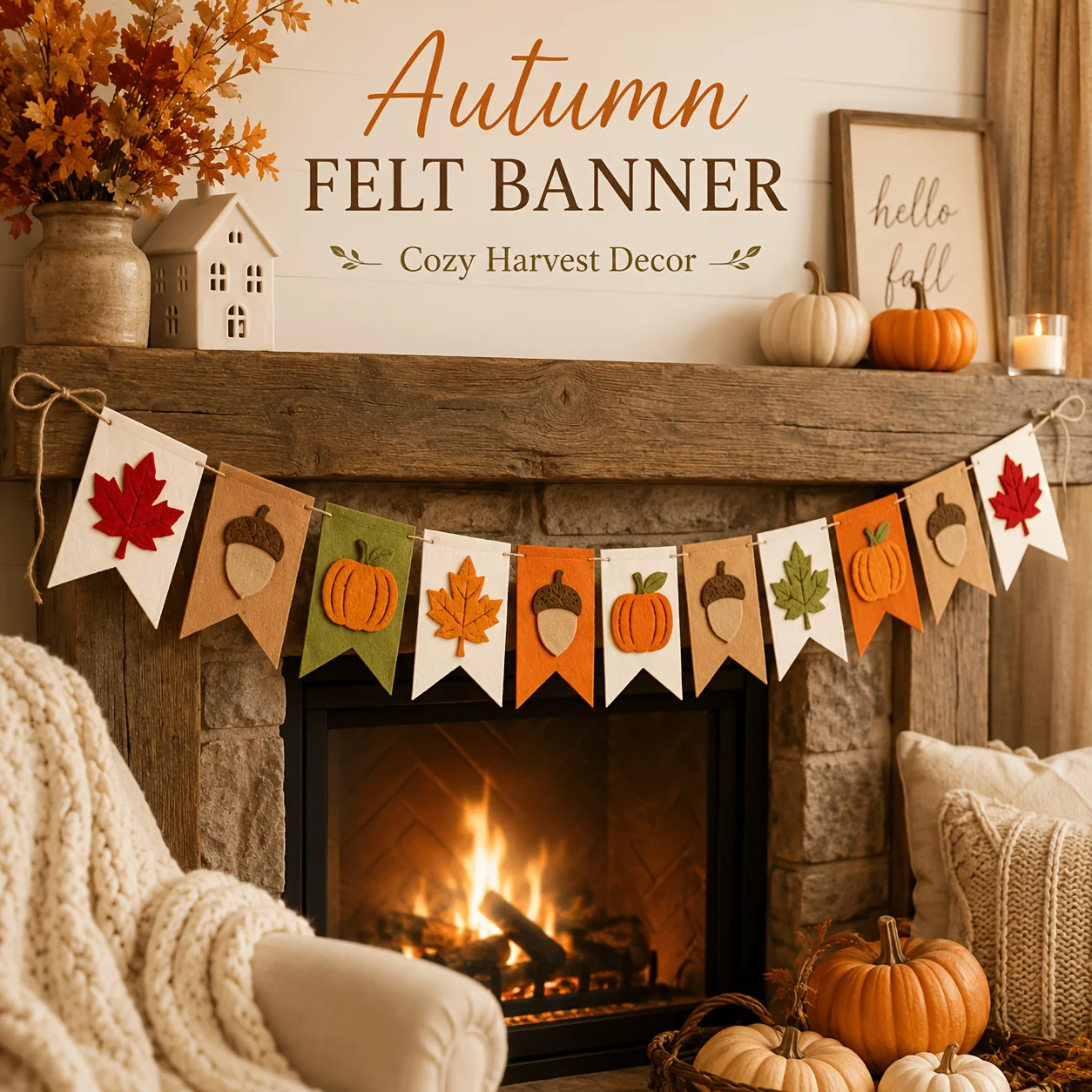 Autumn Felt Bunting Banner Pumpkin Maple Leaf Acorn Design Thanksgiving Harvest Home Wall Mantel Fireplace Hanging Decoration