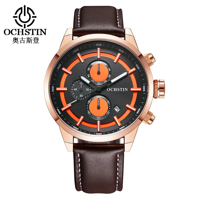 OCHSTIN new men's watch, multi-functional casual business watch, leather quartz watch, hot-selling