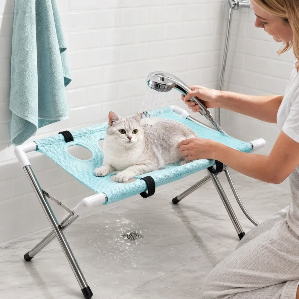 Foldable Pet Grooming Table Quick-Dry Mesh Non-Slip Pet Grooming Hammock Stable Structure Stainless Steel Frame