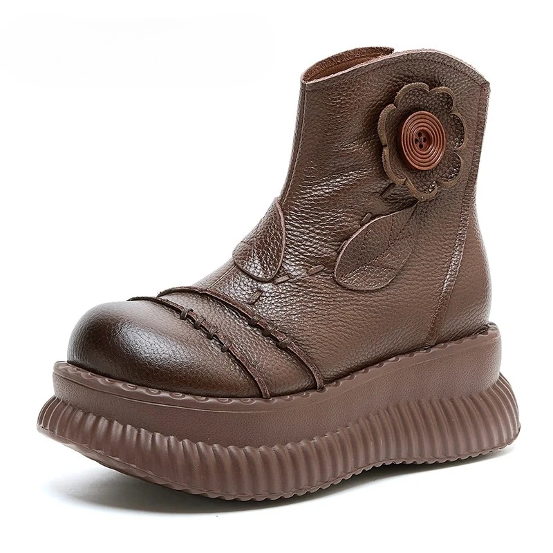 

2025 New 6CM Genuine Leather Platform Wedge Ankle Boots PUNK Women Autumn Flower Moccasins ZIP Spring Motorcycle Fashion Shoes