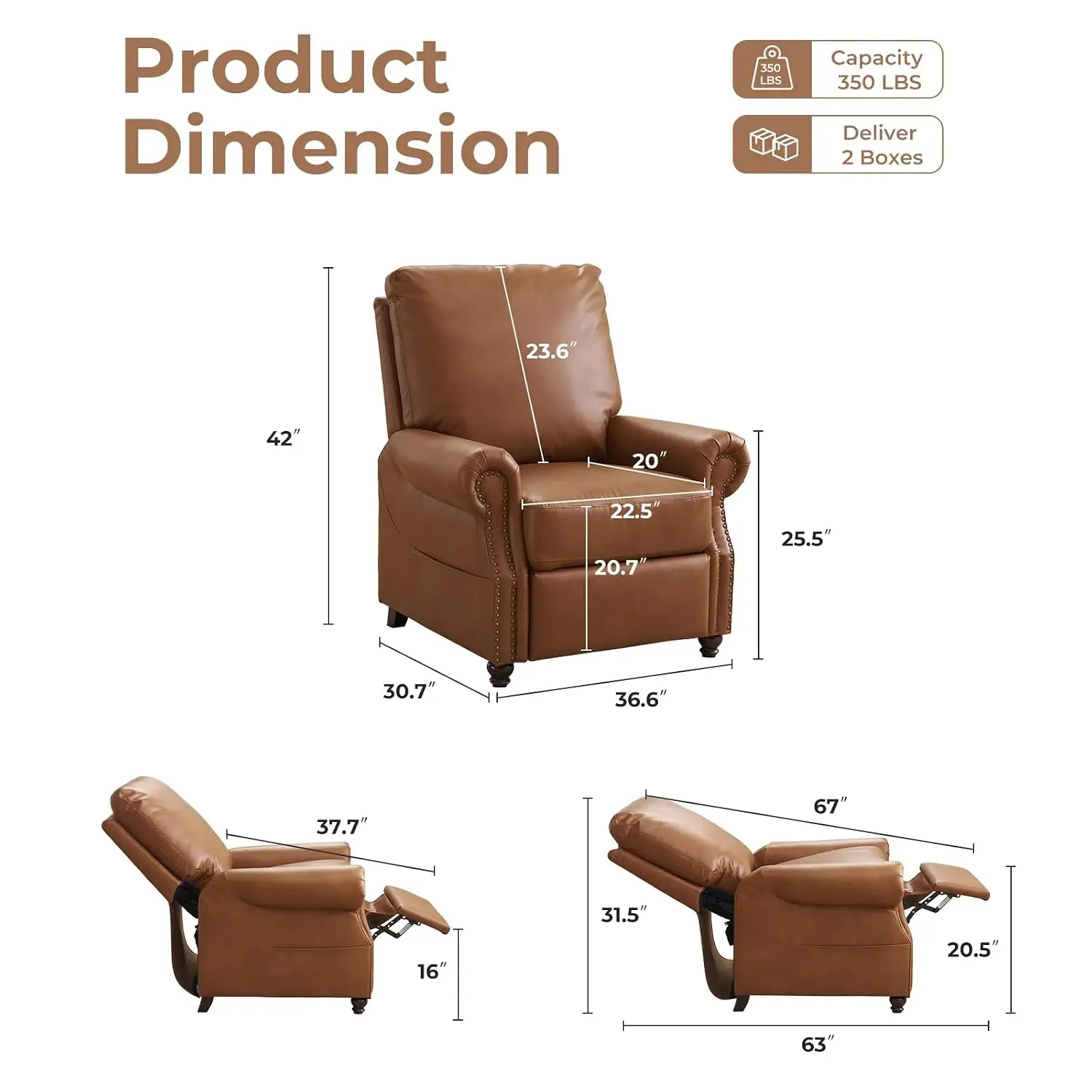 Leather Pushback Recliner with Massage & Heat, Overstuffed Backrest & Rivet Trim, Single Sofa for Living Room, Camel, Customized