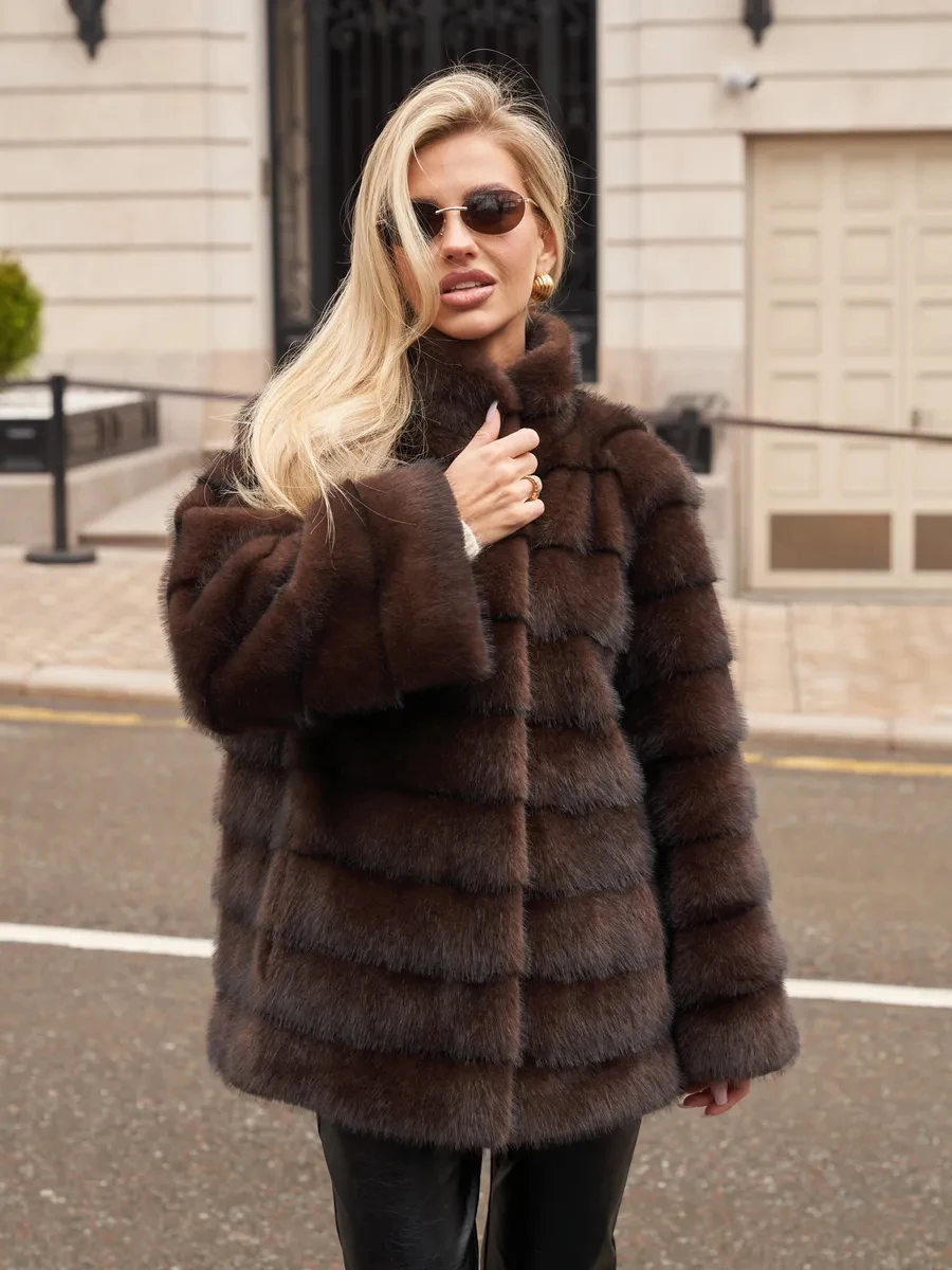 2026 Autumn Winter Women Faux Mink Fur Coat Tiered Quilted Stand Collar Open Front Mid Long Jacket