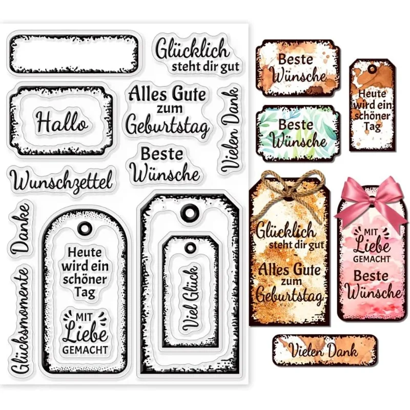 1 Blatt Etikettenrahmen-Sprüche, transparente Stempel für DIY-Scrapbooking, deutscher Wortsatz, transparenter Silikonstempel, 11 x 16 cm, transparent