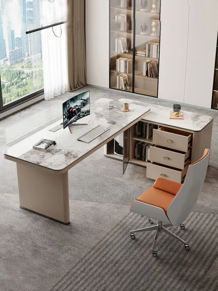 Italian Style Light Luxury Bright Stone Plate Corner Desk Boss Office Desk and Chair Modern Minimalist Writing Desk