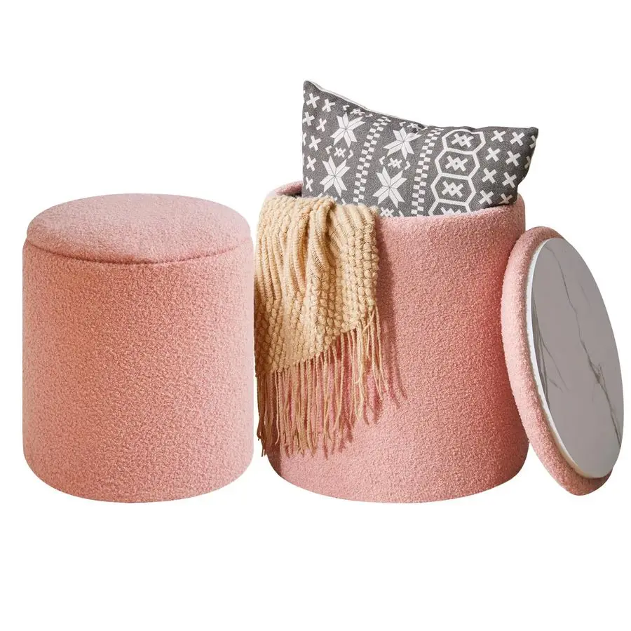 

Комплект из 2 круглых пуфов-оттоманок для хранения, флисовый пуфик для общежития, велюровый пуфик-подставка для ног, приставной столик, оттоманка из ткани букле