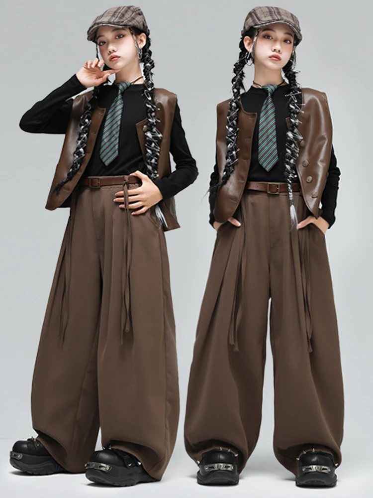 Costume de danse Hip Hop pour enfants, gilet marron, chemise à manches longues et pantalon pour filles, vêtements de spectacle de danse de rue Kpop BL17811