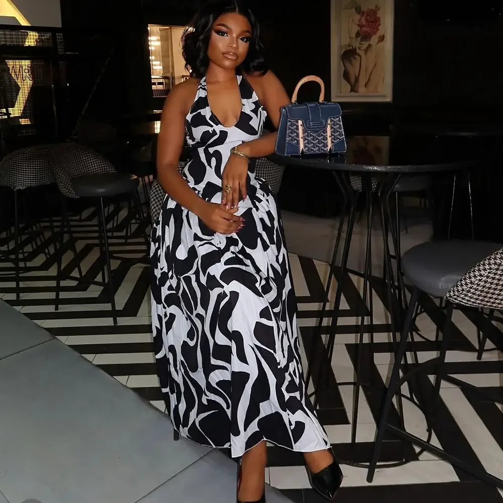 

STOCK Maxi Tiered Dresses for Woman Backless Sexy Summer Vacation Dress Slim Fit Sleeveless Elegant Black and White Long Dress