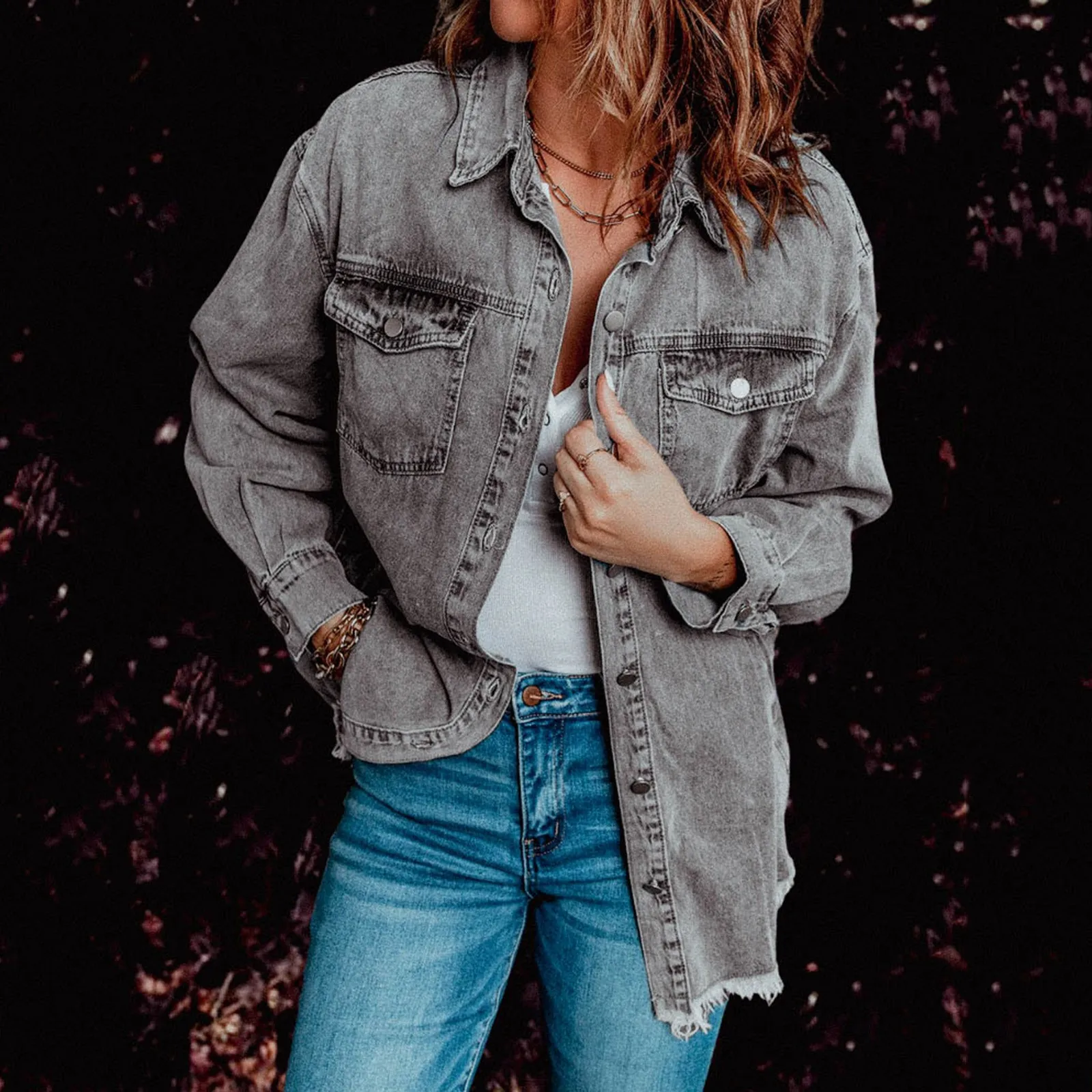 Women’S Denim Jackets Ripped Hem Gray Jeans Jacket Shacket Female Casual Loose Denim Coats Overcoats Oversized BF Denim Jacket