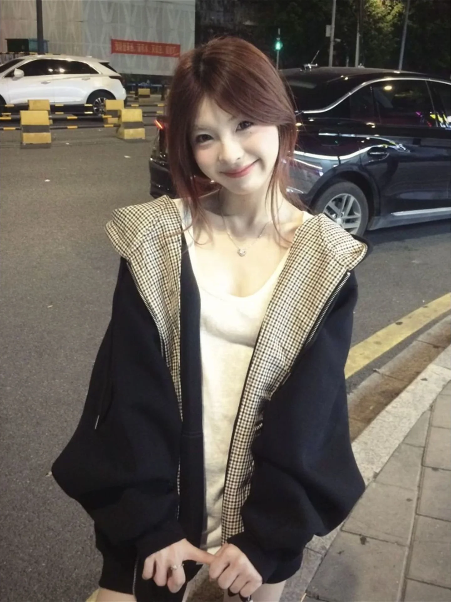 

Женская клетчатая ветровка в корейском стиле с капюшоном, на молнии, осенняя, с высокой талией, свободного кроя