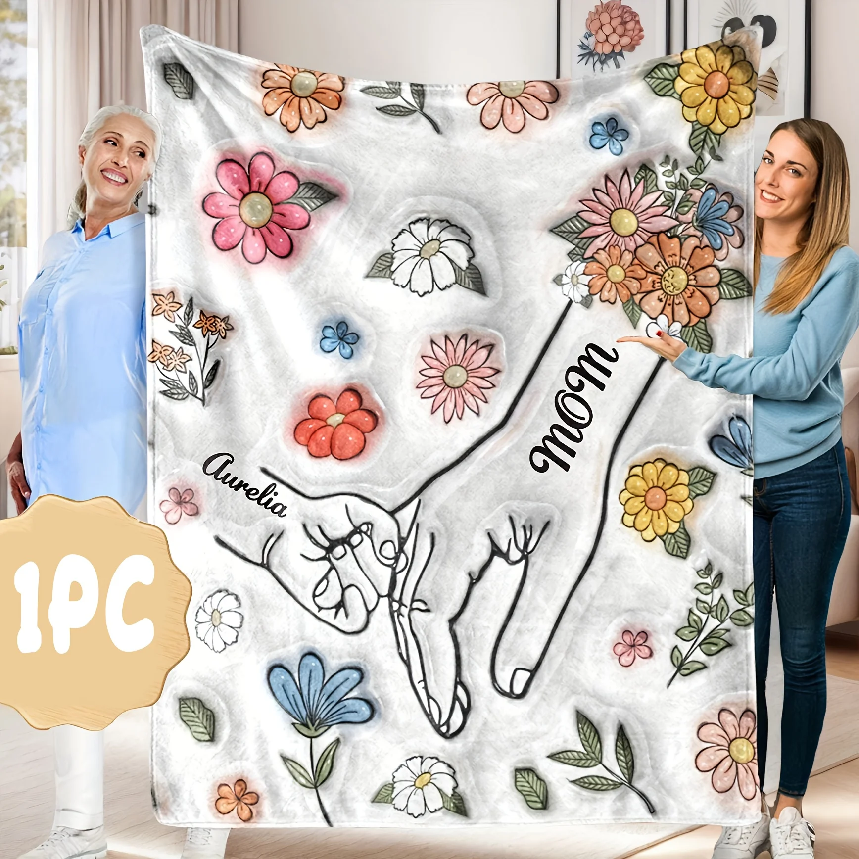 Personalized Mom And Child Hands Blanket Floral Design Love Gesture Custom Name Soft Fleece Throw Gift For Mother