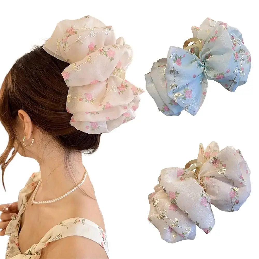 

Fashion Floral Embroidery Bowknot Hair Clip Pink Blue Double Sides Grab Hairpin Sweet Elegant Shark Clip For Girls