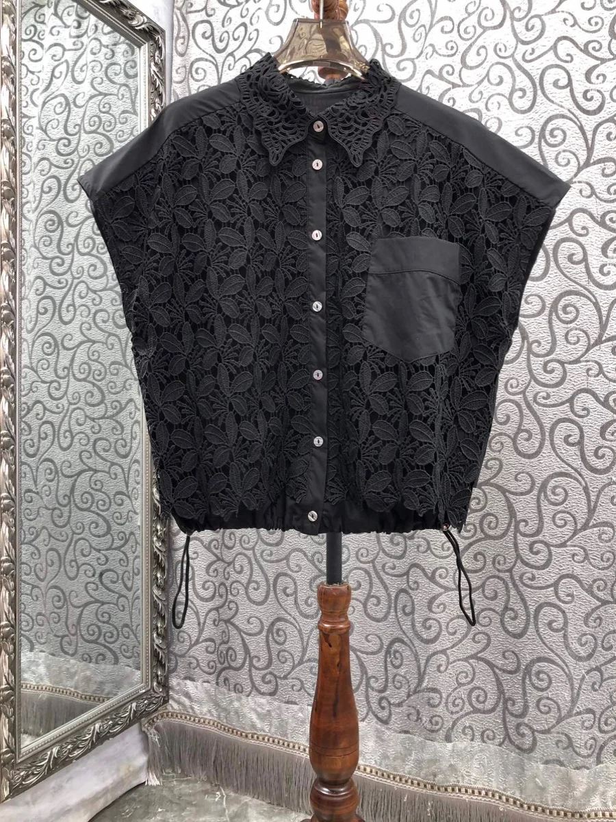 

Ladies' Summer 2024 Loose Fit Embroidered Floral Water-Soluble Hem Dstring Svel irt Korean Sle Commute Faion