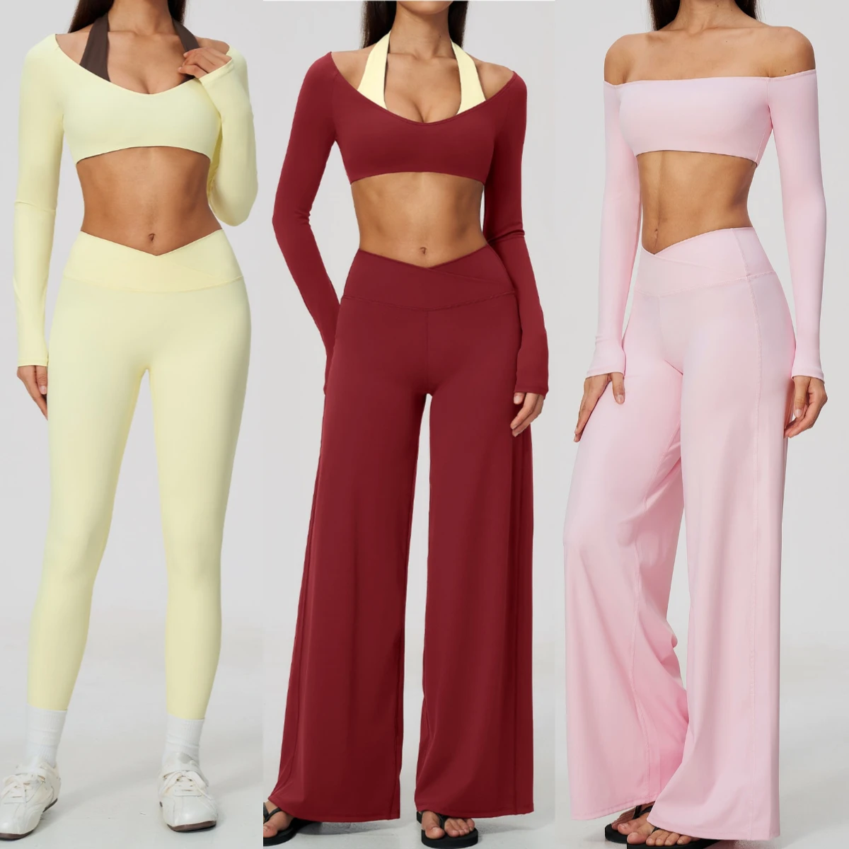 2 Piece Yoga Sets for Women Long Sleeve Workout Outfits Off Shoulder Gym Shirts with Bra Yoga Clothing Activewear Tracksuit