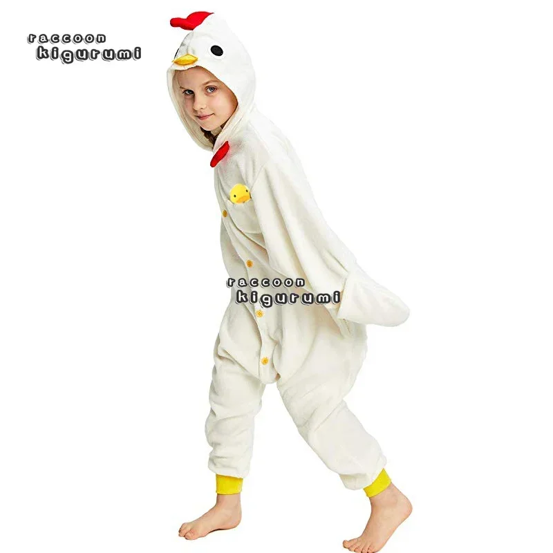 Kids White Rooster Cartoon Anime Onesie Pajamas Women Fleece Funny Jumpsuit Girl Cosplay Raccoon Kigurumi