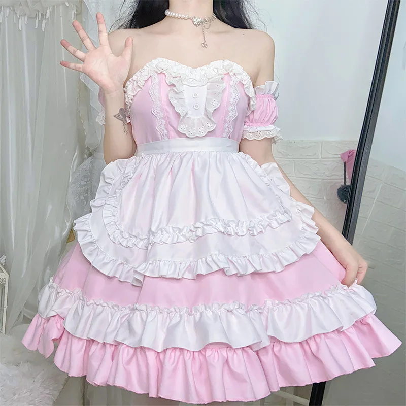 Leuke Meid Kostuum Voor Vrouwen Feest Prinses Koffie Meid Cosplay Roze Lolita Jurk Japanse Kawaii Anime Serveerster Rollenspel Outfit