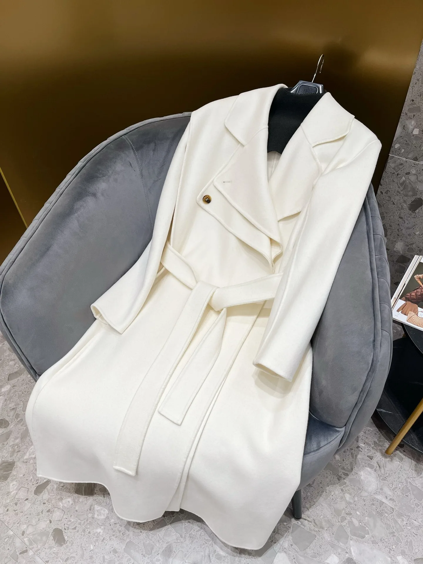 

Пальто с шарфом и воротником, двусторонний кашемировый узор с водной рябью, женская твидовая куртка из овечьей шерсти