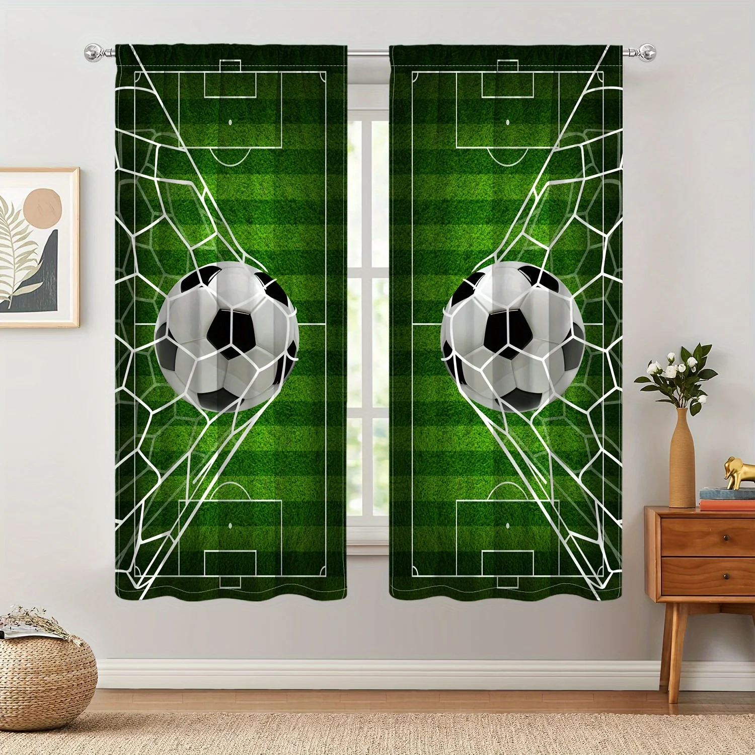 Boys Football Net Window Curtains for Bedroom Living Room Soccer Ball Curtains for Teens Men Sports Window Drapes Treatments
