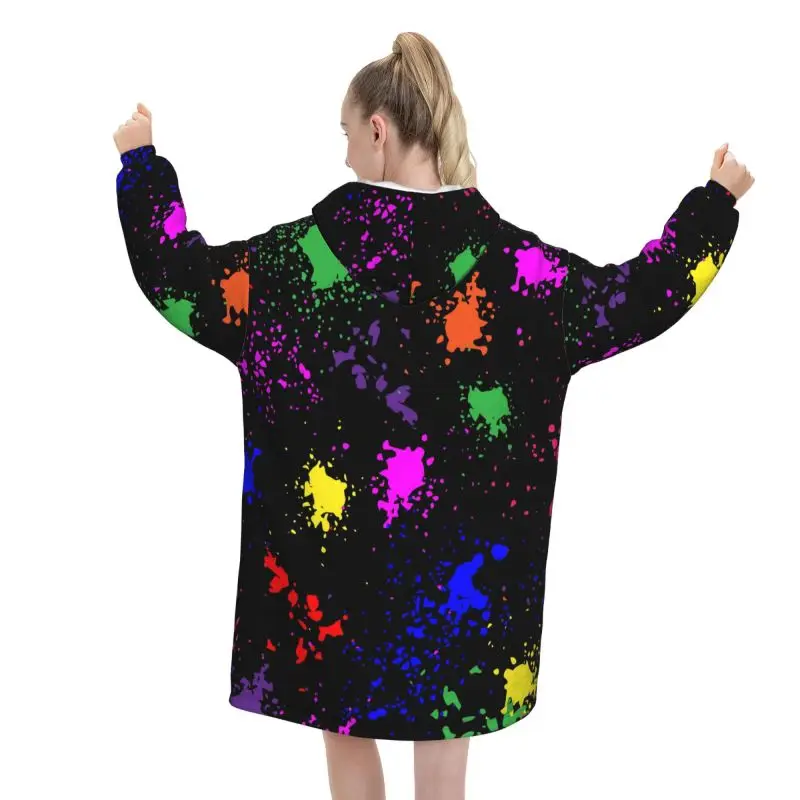 Wearable Blanket Hoodie Colorful Paint Splatter Art Oversized Sweatshirts Warm Cozy Flannel Fleece Sherpa Blanket with Pockets