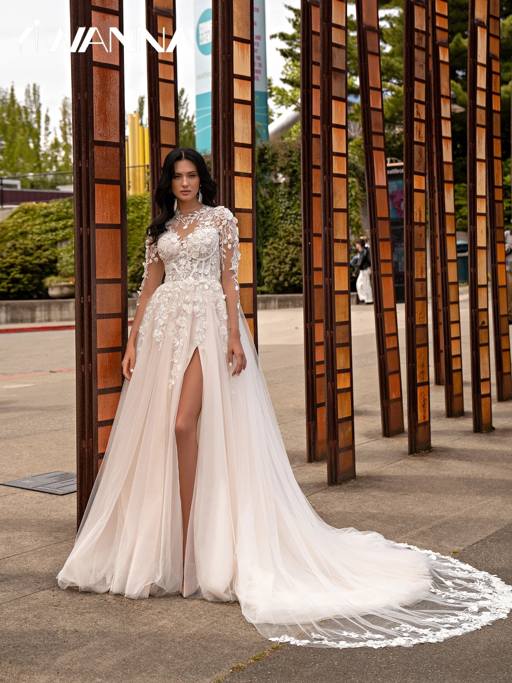

Glitter Beaded 3D Flower Wedding Dress With High Slit Modest High Collar Bridal Gown Customized A-line Long Dresses For Bride