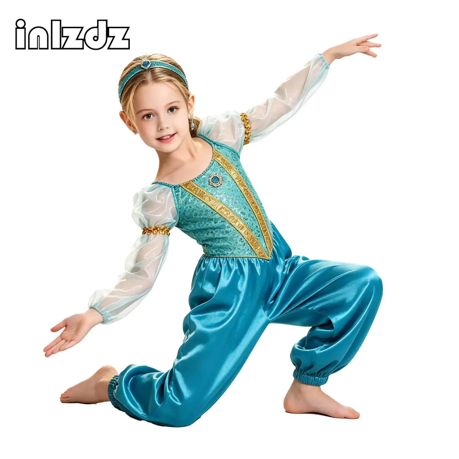 Girls Arabian Princess Belly Dance Rompers Contrast Color Sparkly Sequin Jumpsuit Unitards for Indian Dance Carnival Performance