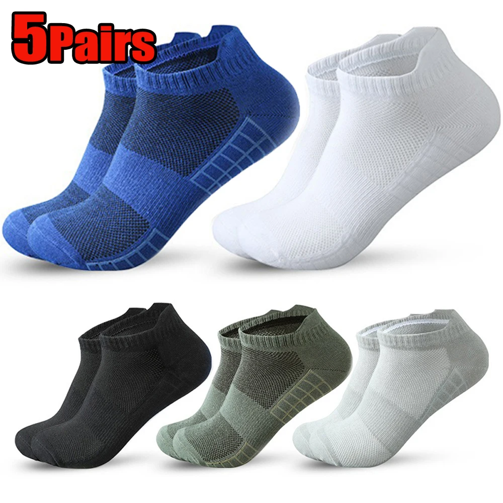 5 Pairs Ankle Running Socks Men Mesh Breathable Short Sports Socks Solid Color Comfortable Casual Athletic Fitness Low Cut Socks