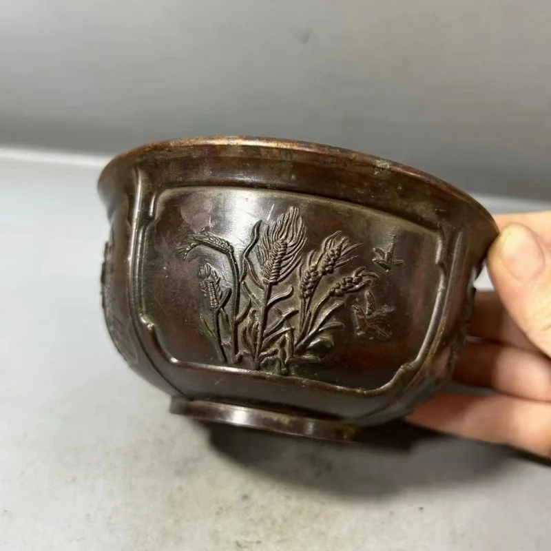 Antique Copper Bowl Made in the Tang Dynasty Zhen Guan Year, Five Grains Abundant Old Patina Four Show Bowl Relief Home Decor Cr