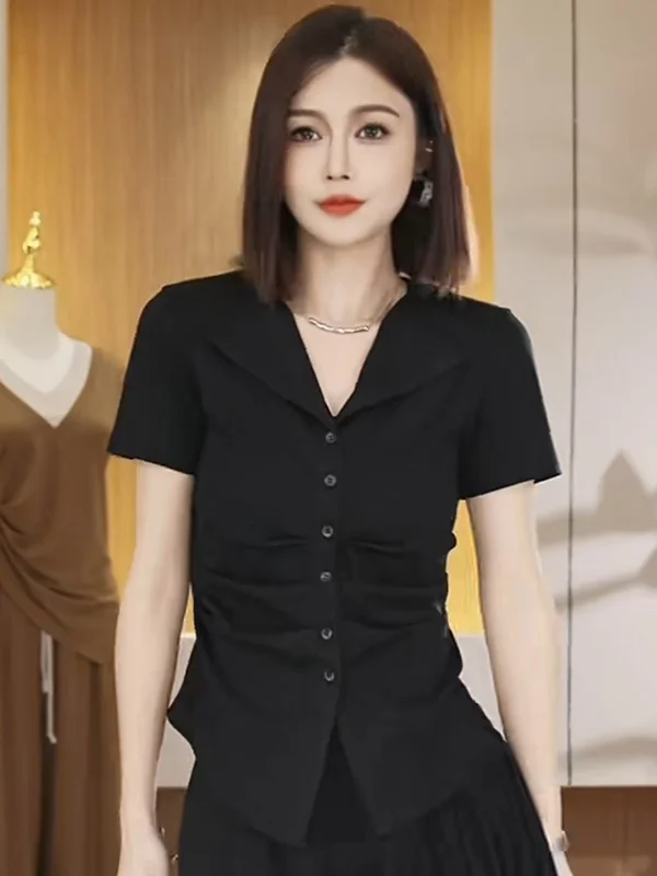 

Ele Bla Open Cardigan Summer Slim Fit V-Ne ort Sve T-irt Gtuq Commute Sle Korean Version Folded Hemlines