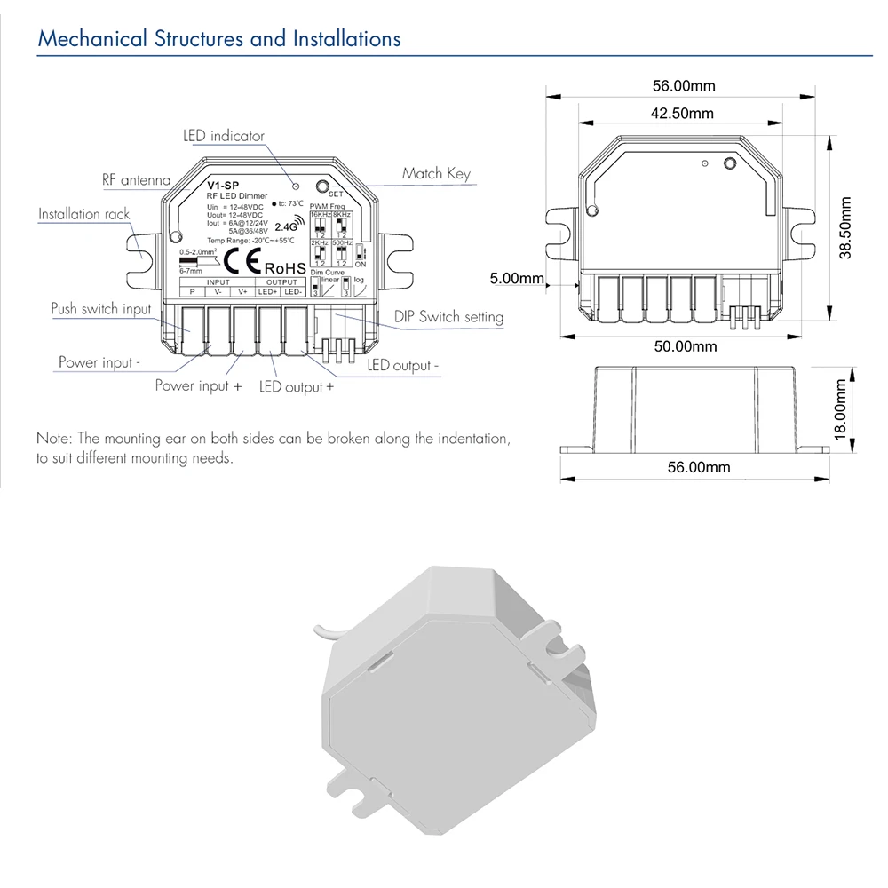 Skydance V1-SP DC12-48V Mini tensione costante 1CH * 6A 2.4GHzRF + Push-DIM Controller dimmer LED monocolore per striscia LED
