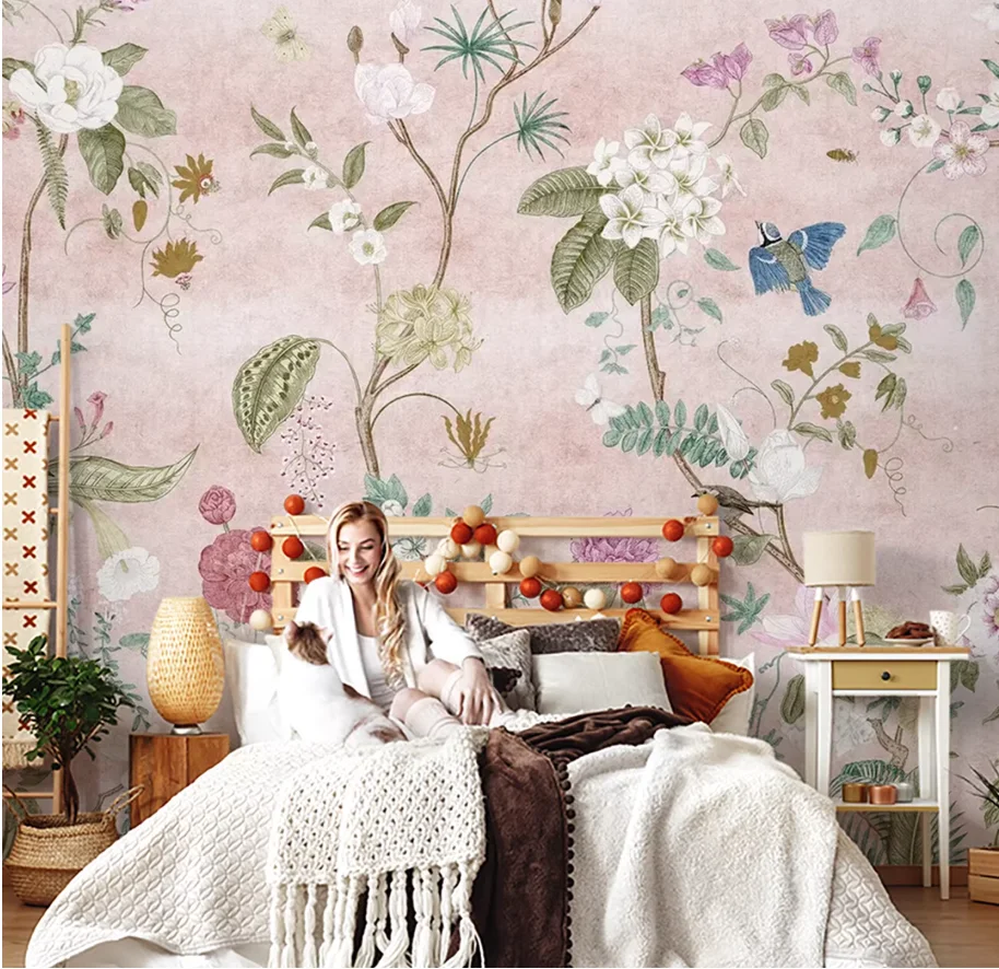 

Customized wallpaper high-end French hand-painted mural of flowers birds suitable for bedrooms and living rooms peony wallpaper