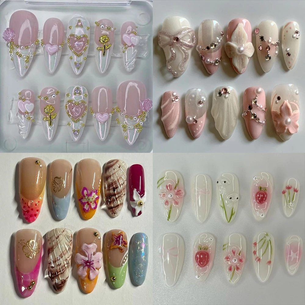 

10Pcs Pure Handmade High Quality Almond Press On Nails Art Party Sticker 3D Flower Shell French Heart Diamond Fake Nails