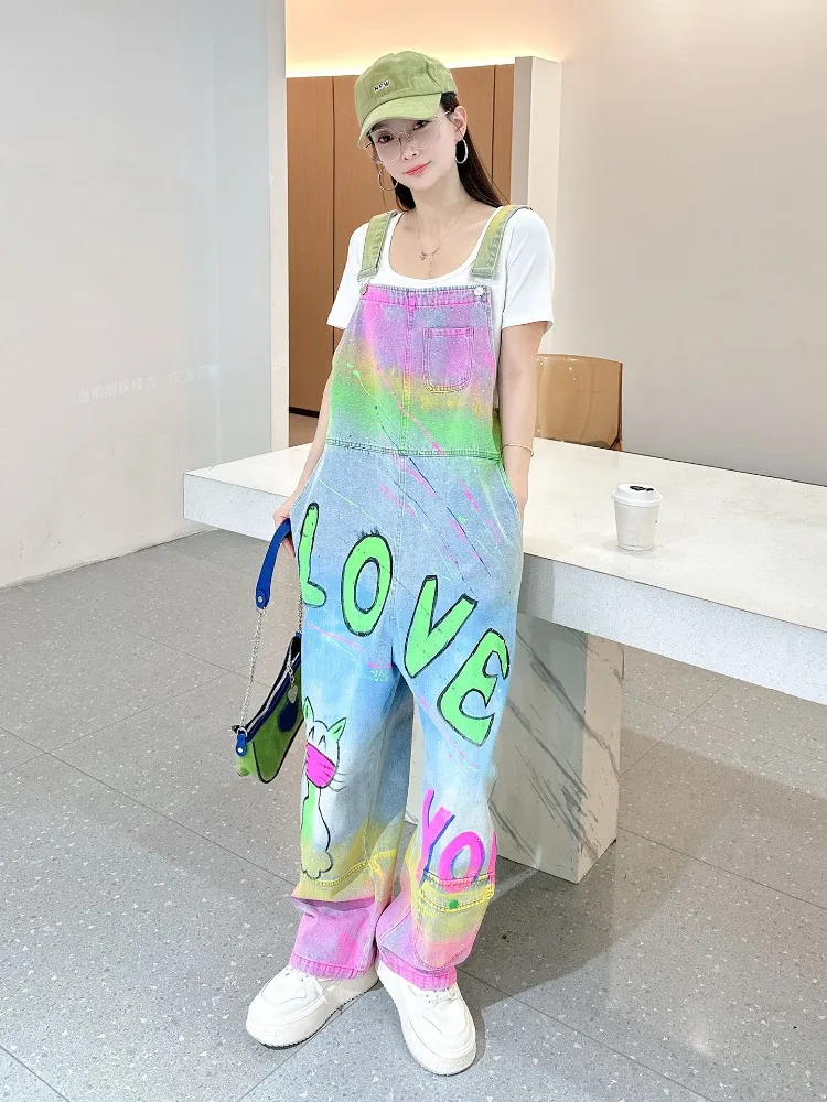 

Spring Dress Women's 2026 New Design Denim Bib Pants Wide-leg Straight Pants Hand-Painted Graffiti Print Jumpsuit