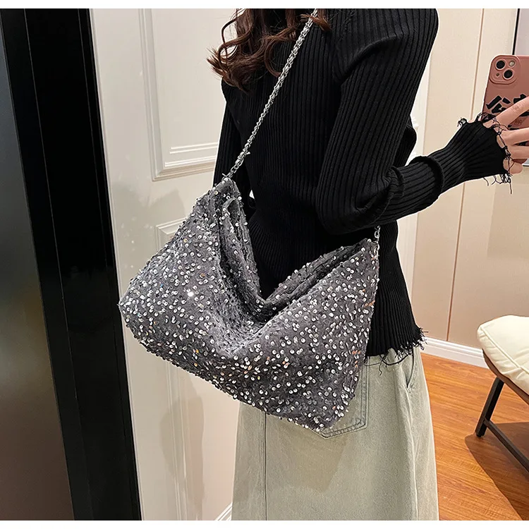 Dazzling colorful full star glitter sequins high quality pleated large capacity commuter bucket bag