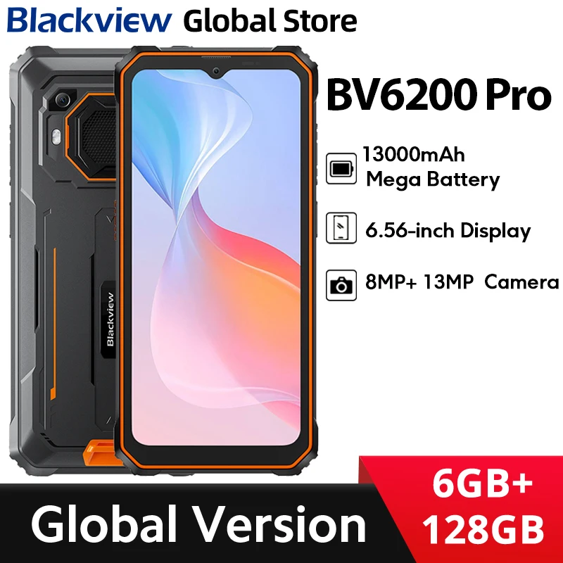 

Blackview BV6200 Pro Android 13 6,56 дюйма Прочный Celular IP69 Водонепроницаемый Helio P35 6 ГБ 128 ГБ, 13000 мАч 18 Вт Быстрая зарядка NFC Мобильный телефон