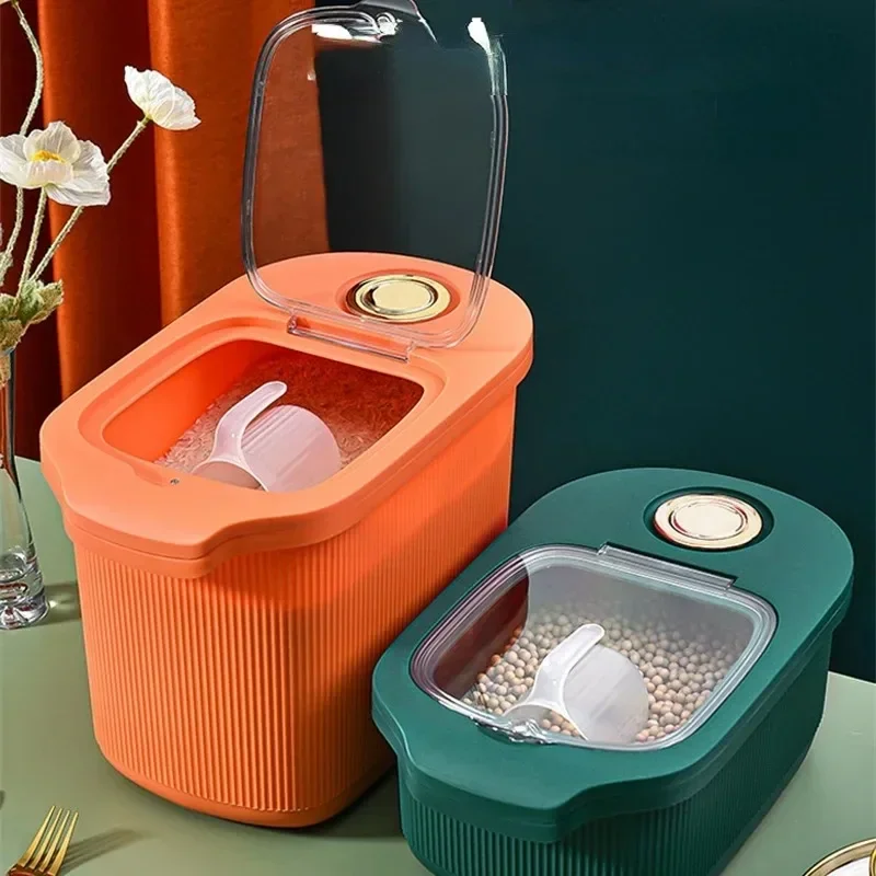 

Kitchen Plastic Rice Storage Bucket with Transparent CoverMoisture-Proof Storage Box Bulk Cereals Grains Jars Spice Organizer