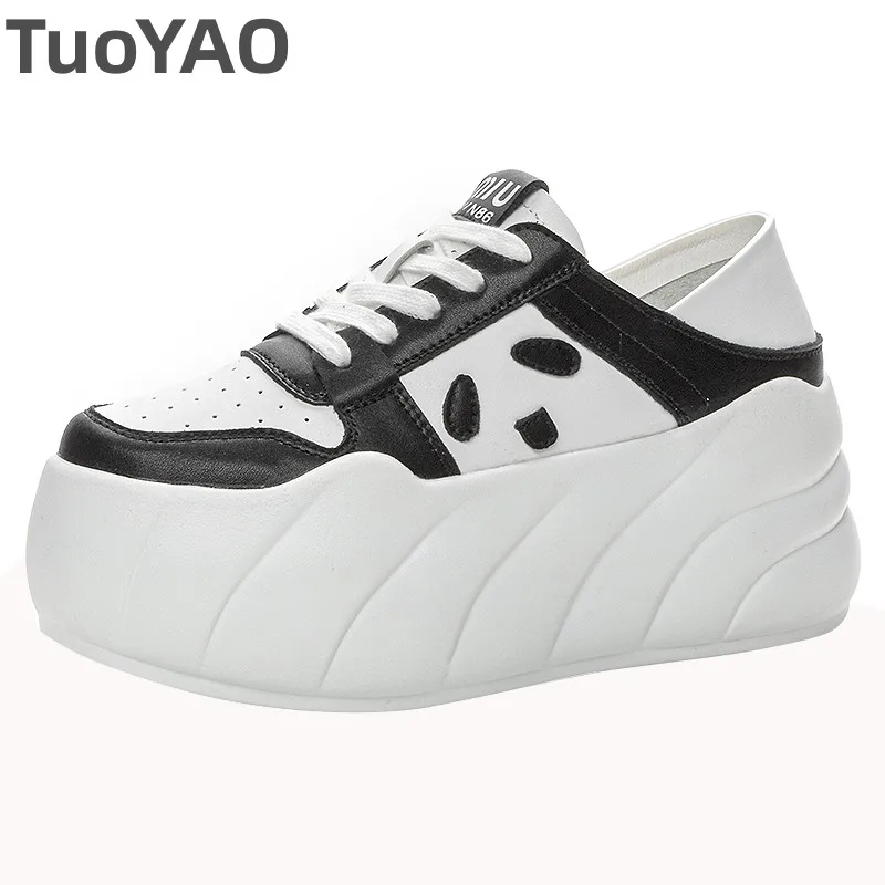 

8cm Cow Genuine Leather Platform Wedge Flats Vulcanize Comfort Breathable Spring Autumn Chunky Sneakers White Casual Shoes