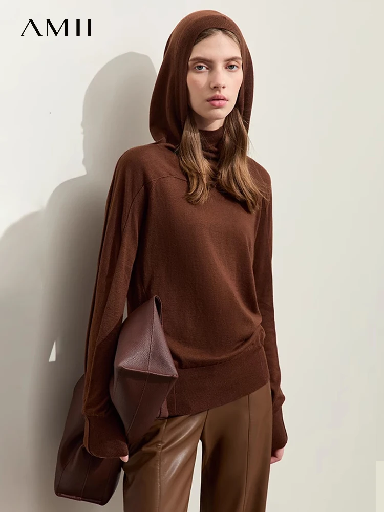 AMII-suéter minimalista con capucha para mujer, abrigo ajustado de manga larga con Cuello medio alto, Tops de punto para mujer 2024