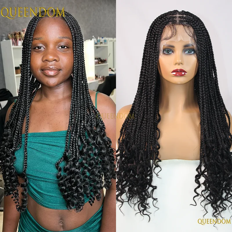 

24-дюймовый синтетический полный парик с кружевной косой, коробчатые косички, парик Богини Корнво с вьющимися концами, блондинка с эффектом омбре, школьные плетеные парики