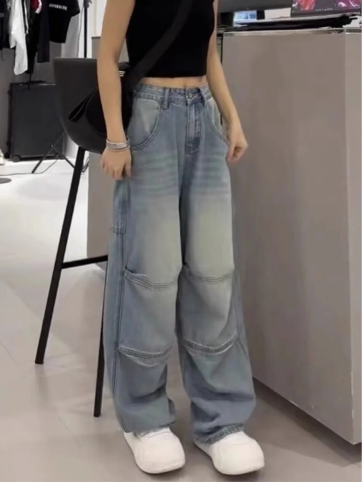 Cintura alta perna larga jeans feminino solto ajuste americano sle retro azul jeans outono novo plus size emagrecimento calças de corte reto