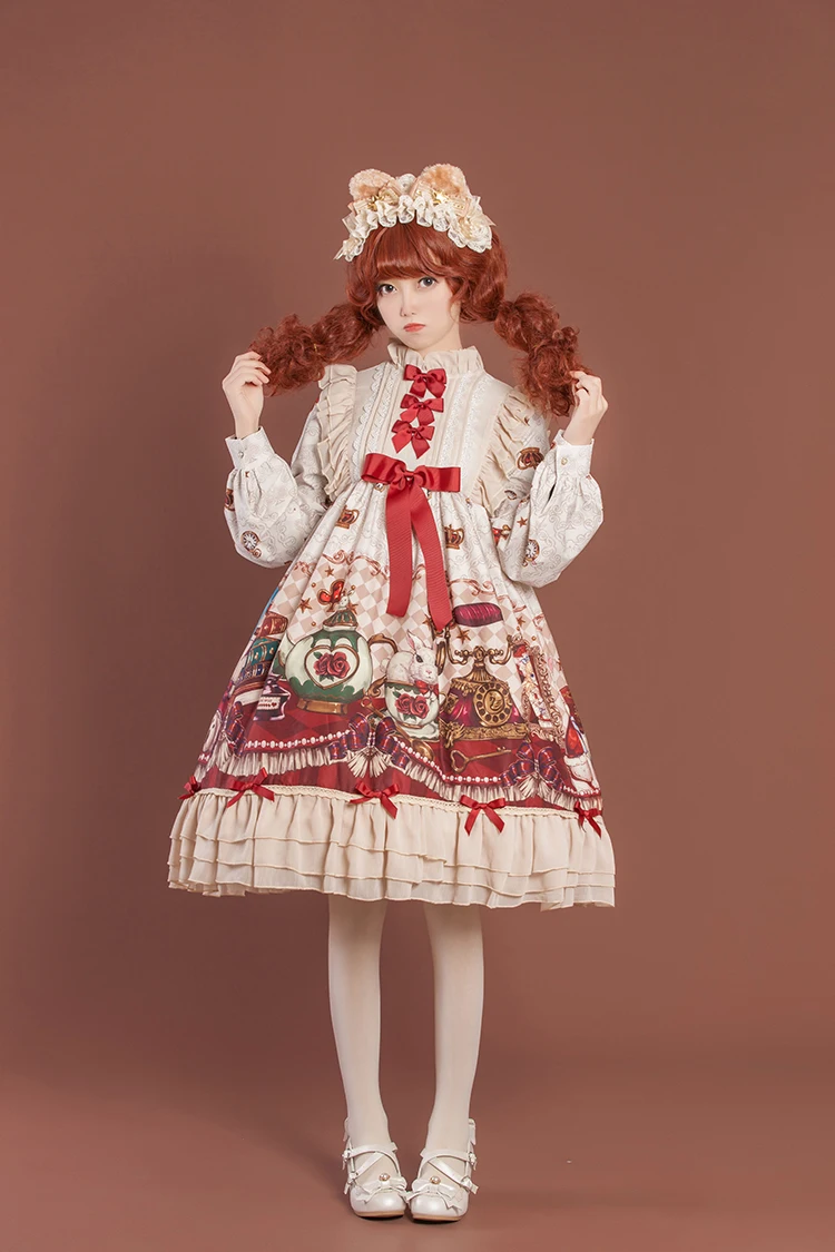 Lolita Style Crown Bear Print Midi Dress Female Student Sweet Cute Loose Ruffled Stand and Collar Long Sleeve Dress and Headwear